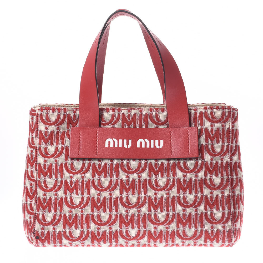 Miu Miu Logo Red Motif Handbag Canvas Beige